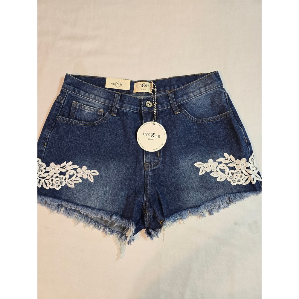 Umgee Denim Shorts Women Size 5 Blue Floral Lace Frayed Hem Oversized New‎